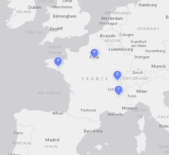 Carte de France avec les associations et organismes de l'annuaire Pretizi qui prêtent du matériel