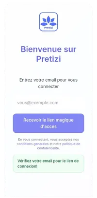 Écran de connexion de l'application Pretizi sur mobile