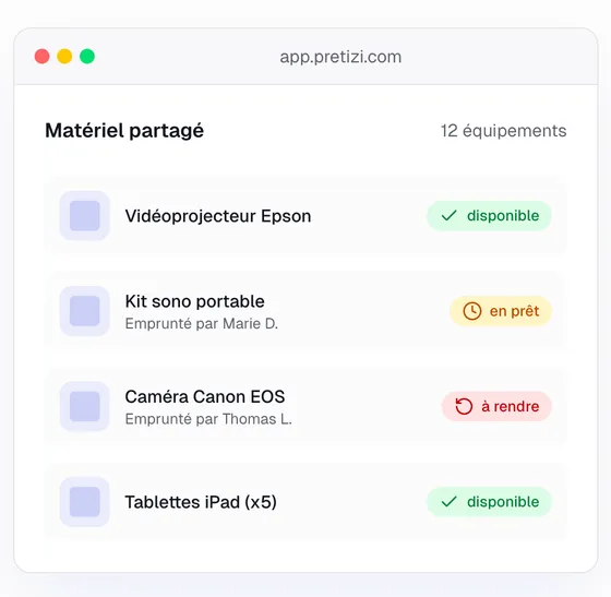 Inventaire du matériel partagé dans l'application Pretizi sur tablette